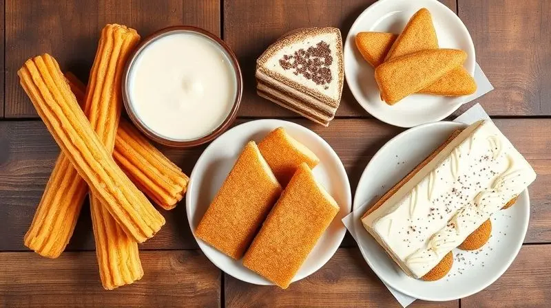 A beautiful and appetizing flat lay of various desserts featuring doce de leite as the star ingredient: churros with a dippin