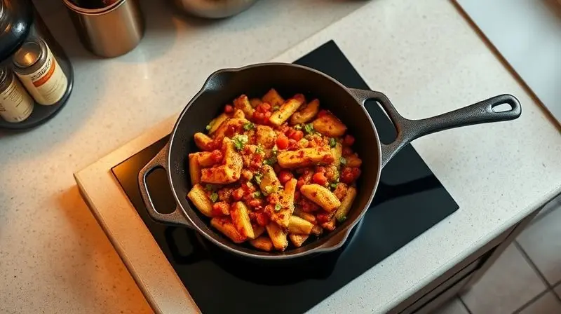 Prato gourmet finalizado sobre um cooktop de indução desligado, simbolizando a satisfação de cozinhar com o aparelho certo.