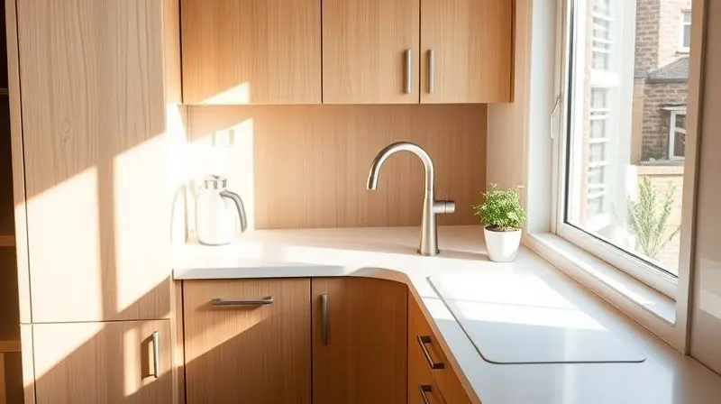 A beautiful, compact, and well-organized small kitchen with light wood cabinets and a white countertop. A sleek, proportional
