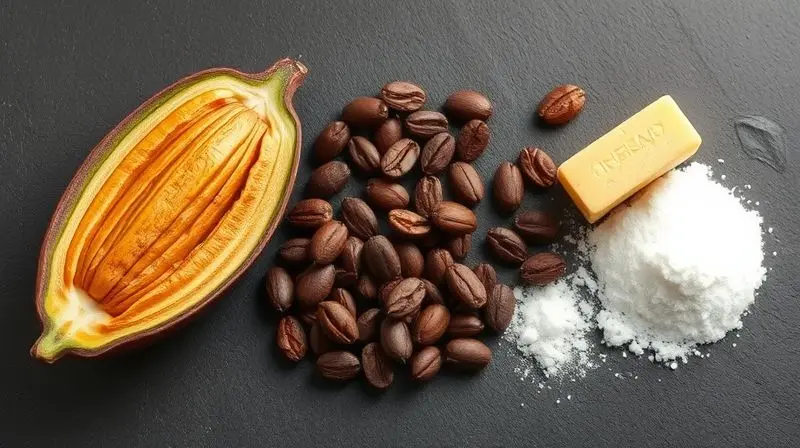 A beautiful, deconstructed composition showing the ingredients of chocolate: a whole cacao pod, roasted cocoa beans, cocoa bu