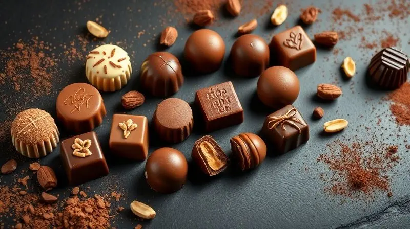 Uma seleção de bombons variados em uma superfície escura, mostrando diferentes formatos e recheios, representando a diversidade de sabores.