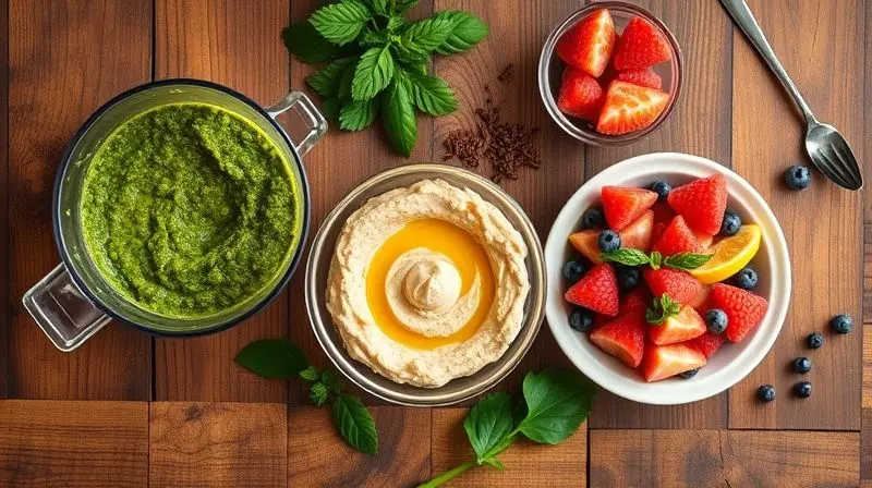 Tigelas com receitas como pesto, homus e sorvete de frutas, feitas no processador, dispostas em uma mesa de madeira rústica.