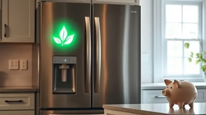 Metáfora visual de eficiência energética, mostrando uma geladeira com um ícone de folha verde brilhante e um cofre de porquinho ao lado.