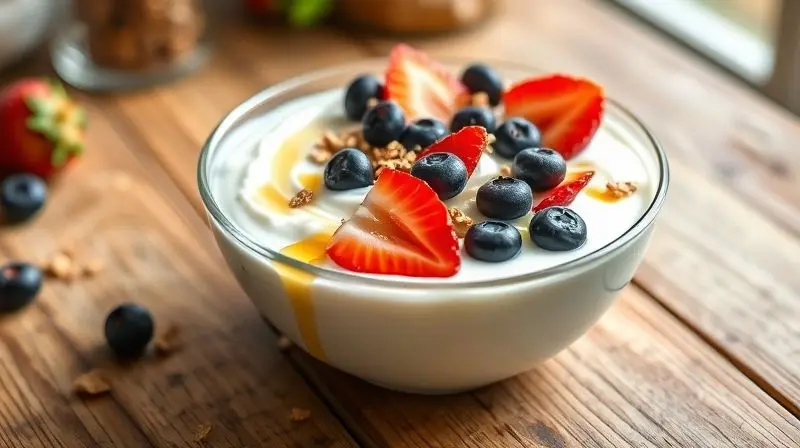 A beautiful, vibrant bowl of thick, creamy homemade yogurt sits on a rustic wooden table. It is artfully topped with fresh bl