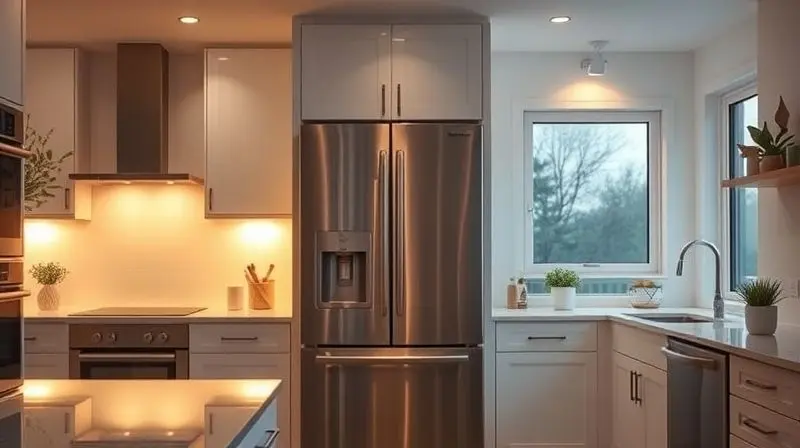 Cozinha moderna e organizada ao entardecer, com uma geladeira inverse de aço inox fechada como peça central, refletindo a iluminação ambiente.