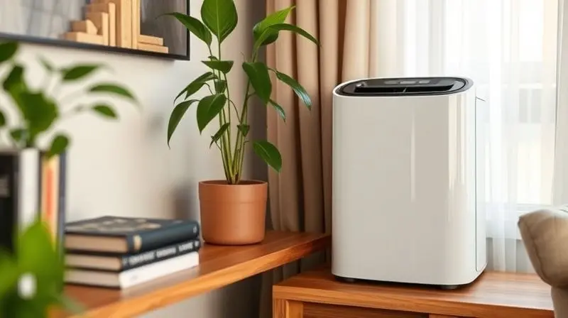 Um desumidificador moderno e elegante em uma prateleira de madeira, ao lado de uma planta verde, simbolizando a harmonia com a decoração do ambiente.