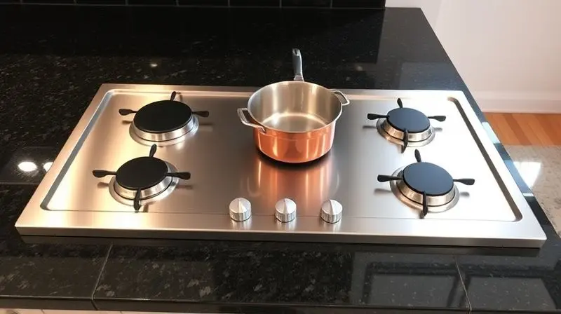 A beautifully installed stainless steel 4-burner cooktop seen from a low angle, sitting perfectly flush in a dark granite cou