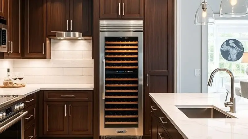 Adega climatizada embutida com elegância em uma cozinha moderna com armários de madeira e bancada de mármore.