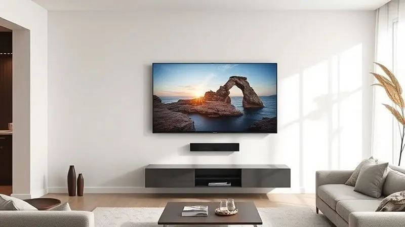 Sala de estar minimalista com uma TV 4K de tela fina na parede exibindo uma paisagem, simbolizando a escolha ideal de TV.