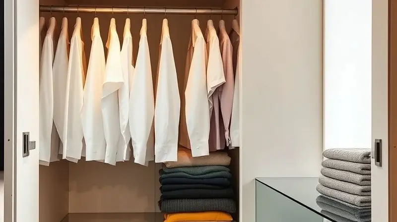 Armário organizado com camisas e roupas perfeitamente passadas, demonstrando o benefício de um bom ferro de passar.