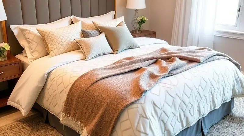 Quarto de casal decorado com um edredom de design moderno, criando um ambiente aconchegante e estiloso.