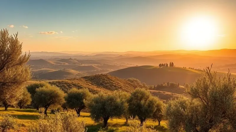 A breathtaking landscape photograph of a sun-drenched olive grove in the Mediterranean, with rolling hills and ancient olive 