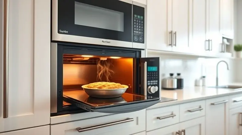 A breathtaking, wide-angle photograph of a pristine and organized modern kitchen, showcasing a new built-in microwave perfect