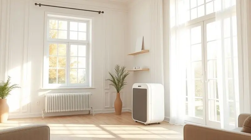 Sala de estar iluminada e saudável, com uma família relaxando confortavelmente, enquanto um desumidificador de ar moderno opera discretamente ao fundo.