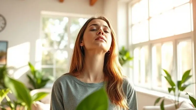 Mulher respirando fundo em uma sala de estar clara e arejada, simbolizando os benefícios de um purificador de ar para a saúde e o bem-estar.