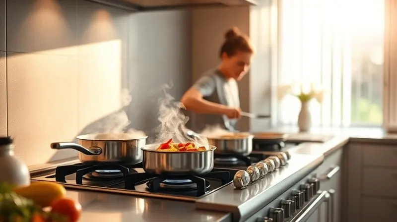 Pessoa cozinhando uma refeição colorida em um fogão 4 bocas moderno, com panelas em todas as chamas, em uma cozinha iluminada.