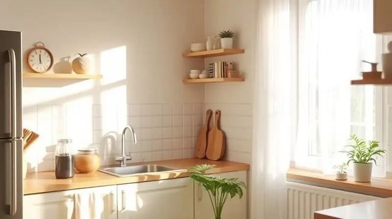 Canto de uma cozinha limpa e organizada, com luz do sol entrando, representando um ambiente livre de pragas após o controle.