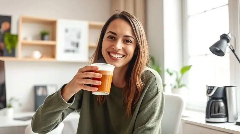 Pessoa sorrindo em um home office moderno enquanto segura uma xícara de café, com uma cafeteira elétrica ao fundo.