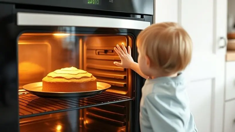Mão de criança tocando com segurança o vidro externo de um forno em funcionamento, que permanece frio, demonstrando a segurança da porta com vidro duplo.