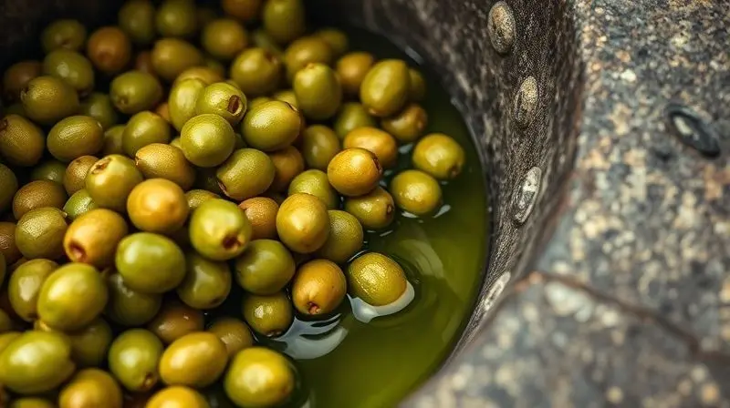 A cinematic, detailed shot of freshly harvested olives tumbling into a traditional stone mill for cold pressing, capturing th