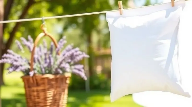 A clean, bright shot of a pristine white pillow hanging on a clothesline in a sunny, fresh outdoor setting with a gentle bree