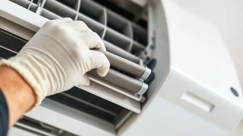 A clean, detailed, macro shot of a technician's hands wearing gloves, carefully cleaning the filter of a modern split air con