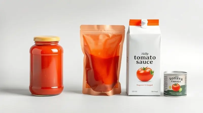 A clean, minimalist composition of various tomato sauce packagings arranged neatly on a light gray background, including a cl