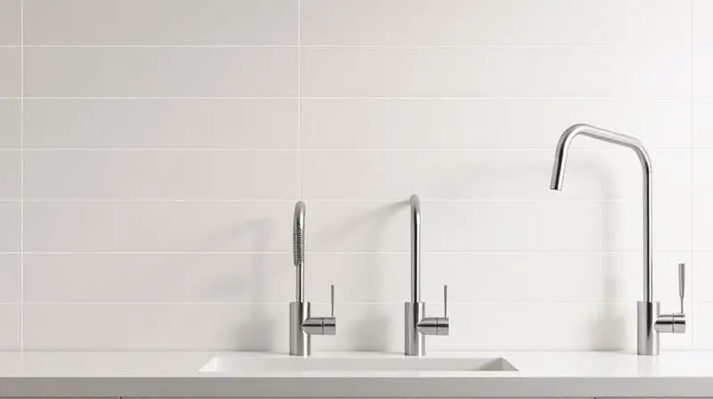 Composição de quatro tipos de torneiras com filtro: de parede, de bancada, monocomando e gourmet, lado a lado em um fundo neutro de cozinha.