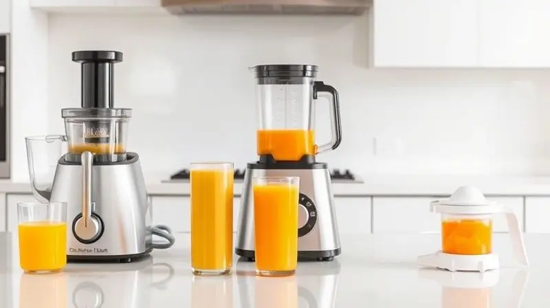 Comparativo visual em uma bancada: uma centrífuga, um liquidificador e um espremedor, cada um com um copo de suco à sua frente.
