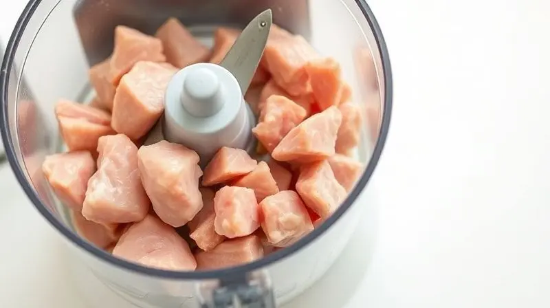 Pedaços de peito de frango sendo moídos dentro de um mini processador de alimentos, mostrando a capacidade do aparelho.