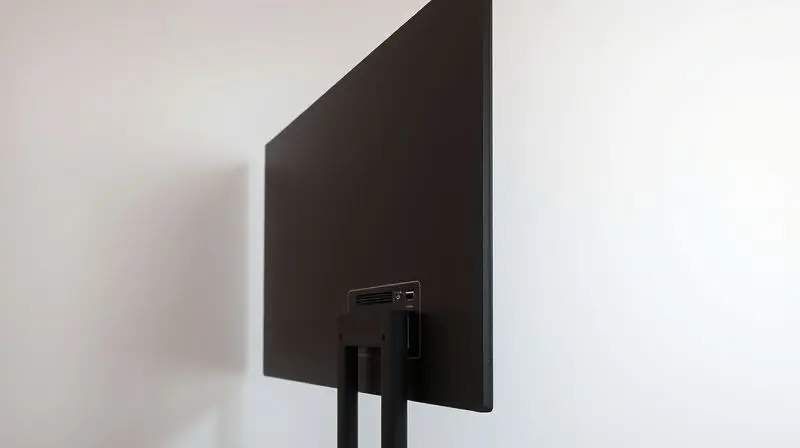 A clean, minimalist shot of the back of a sleek, modern television against a neutral background, with glowing lines artistica
