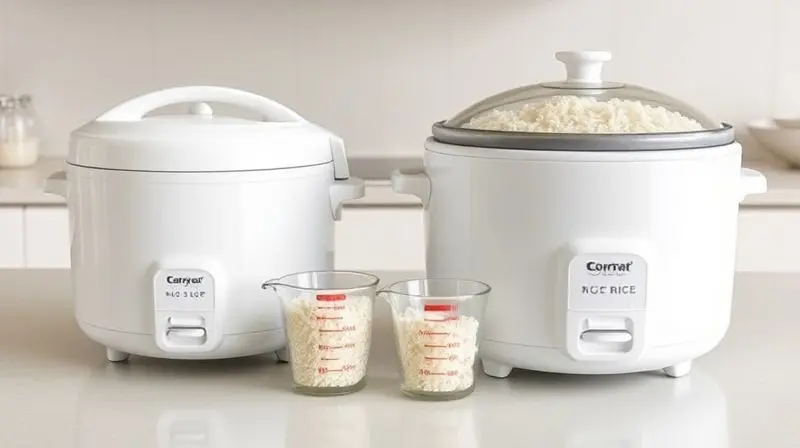 Duas panelas de arroz elétricas, uma pequena e uma grande, lado a lado para comparar a diferença de capacidade e tamanho.