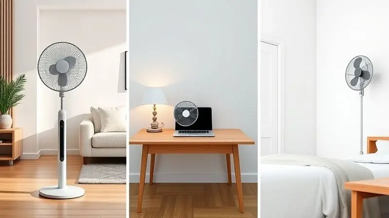 Comparativo visual mostrando um ventilador de coluna no chão, um de mesa em uma escrivaninha e um de parede instalado em um quarto.