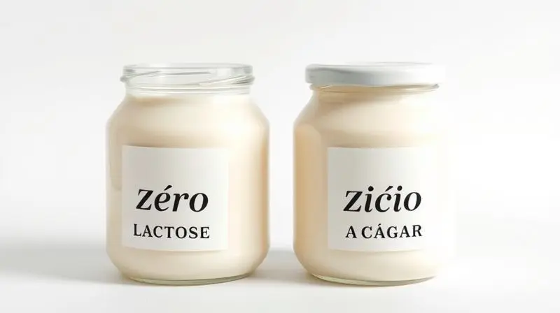 A clean, modern product shot of two elegant glass jars side-by-side, one labeled 'Zero Lactose' and the other 'Zero Açúcar', 