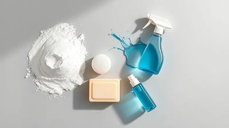 Composição visual exibindo os diferentes formatos de tira manchas: pó, líquido, barra, gel e spray.