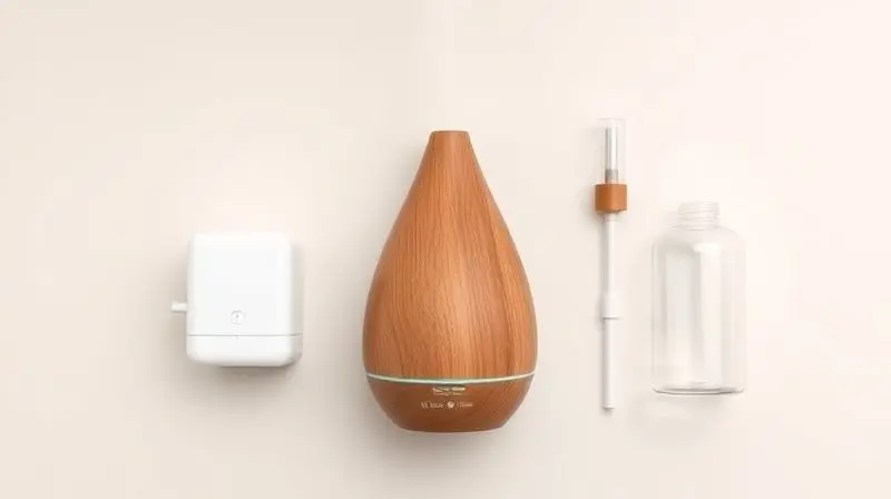 Visão de cima mostrando vários tipos de difusores de ambiente, incluindo um de tomada, um ultrassônico e um nebulizador.