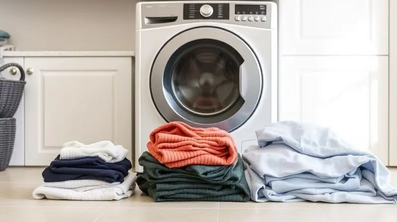 Três pilhas de roupas de tamanhos diferentes (pequena, média, grande) em frente a uma lava e seca para ilustrar a capacidade da máquina.