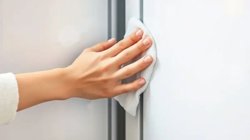 A clean, photorealistic shot of a person's hands gently wiping the rubber seal of a refrigerator door with a soft, clean clot