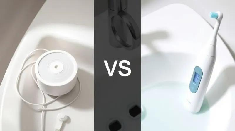 A clean, split-image composition showing a classic roll of dental floss on one side and a modern, sleek oral irrigator on the