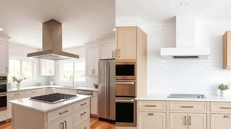 Comparativo visual mostrando uma coifa de ilha instalada no teto e uma coifa de parede fixada na parede da cozinha.