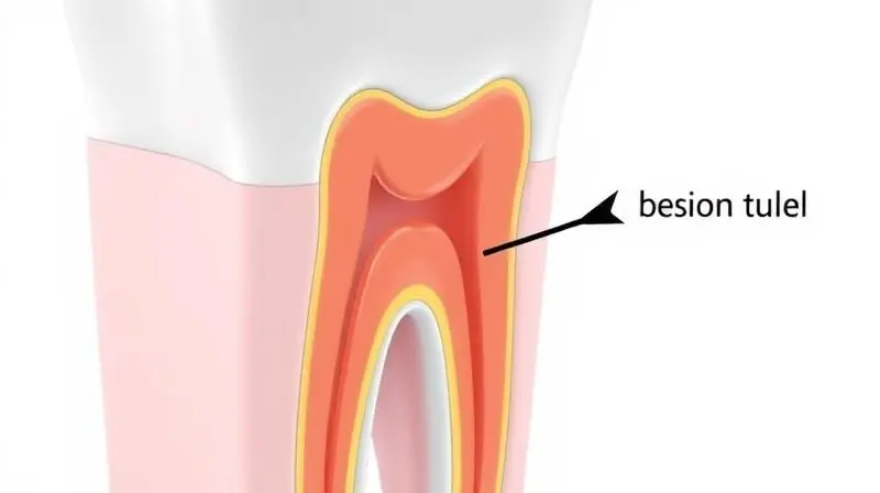 Ilustração médica de um dente em corte, mostrando a dentina e os túbulos expostos que causam a sensibilidade dentária.