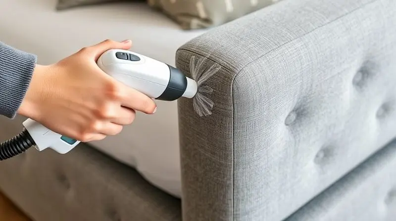 A close-up, detailed photograph of a person's hands using a handheld upholstery cleaner to carefully clean the fabric on the 