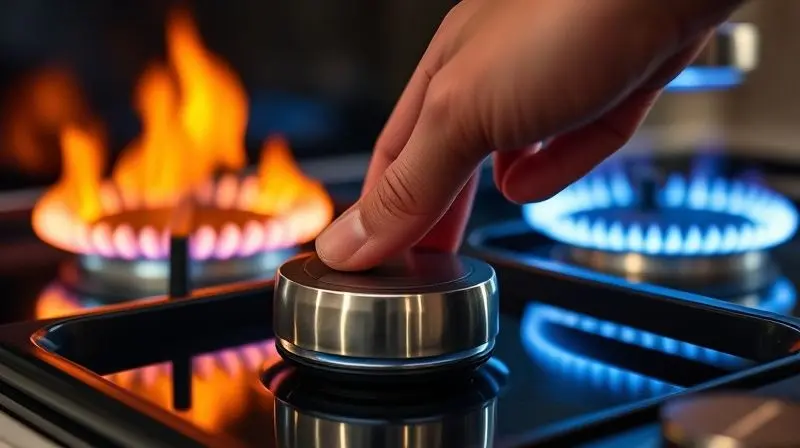 A close-up, dramatic shot of a hand turning a stylish knob on a 5-burner stove, activating a powerful central burner with a v