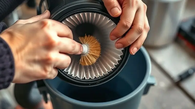 Mãos realizando a limpeza cuidadosa do filtro de um aspirador de pó para garantir sua manutenção e durabilidade.