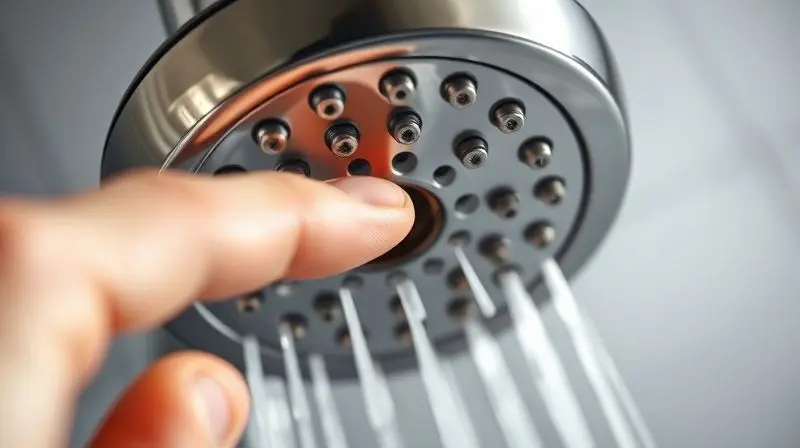 Close-up de uma ducha higiênica com uma mão apontando para os bicos de saída de água, ilustrando a inspeção para manutenção.
