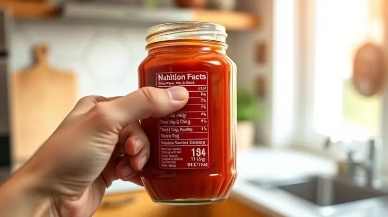 A close-up, sharp-focus shot of a person's hand holding a glass jar of tomato sauce, their index finger pointing at the nutri
