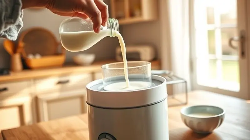 A close-up shot from a personal perspective, showing hands carefully pouring milk from a glass bottle into the main container