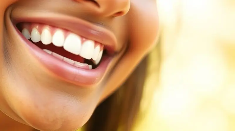 Close-up de um sorriso branco e saudável, refletindo o resultado de uma boa rotina de cuidados com a saúde bucal.
