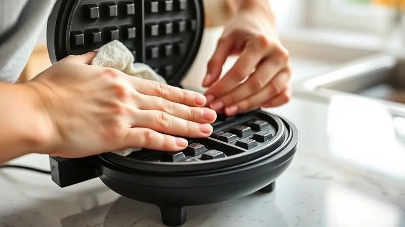 Mãos limpando cuidadosamente com um pano macio as placas antiaderentes de uma máquina de waffle desligada.
