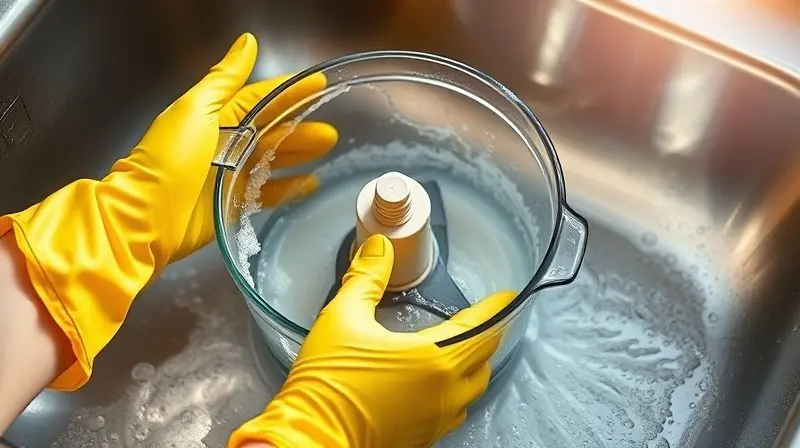 Mãos com luvas de borracha amarela lavando cuidadosamente as peças de um processador de alimentos em uma pia de inox com espuma.